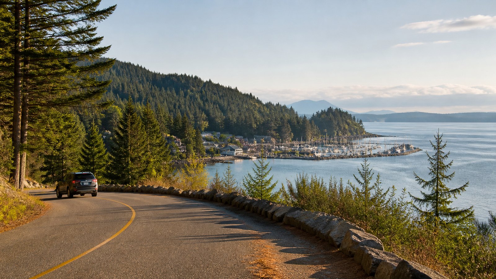 A quiet Sunshine Coast road overlooking forest, water, and a marina
