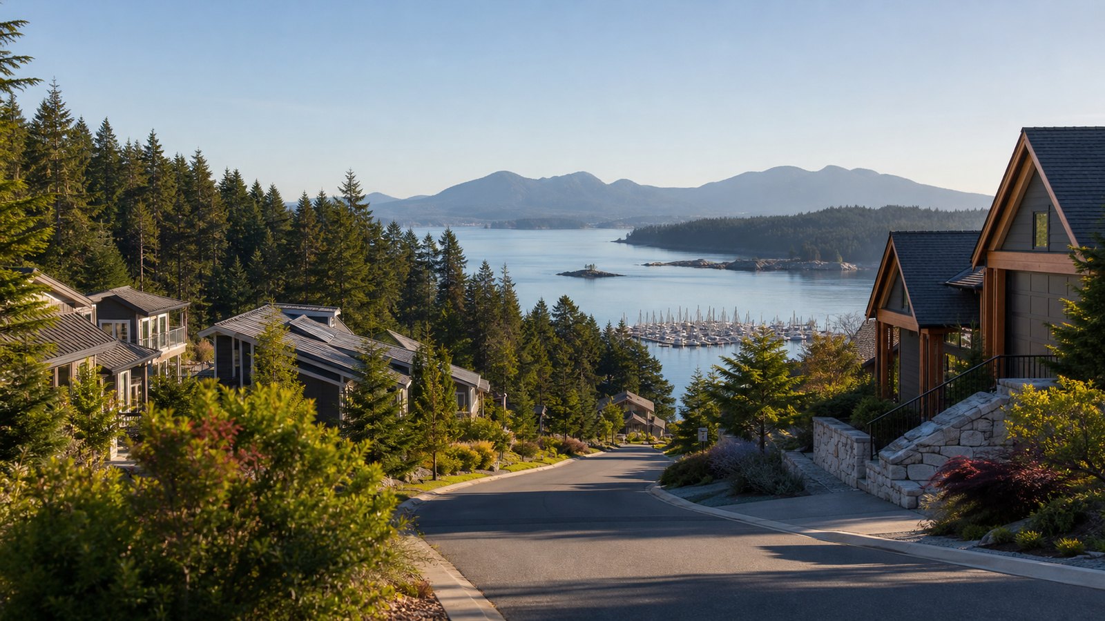 A Sunshine Coast neighbourhood road leading toward water, forest, and a marina