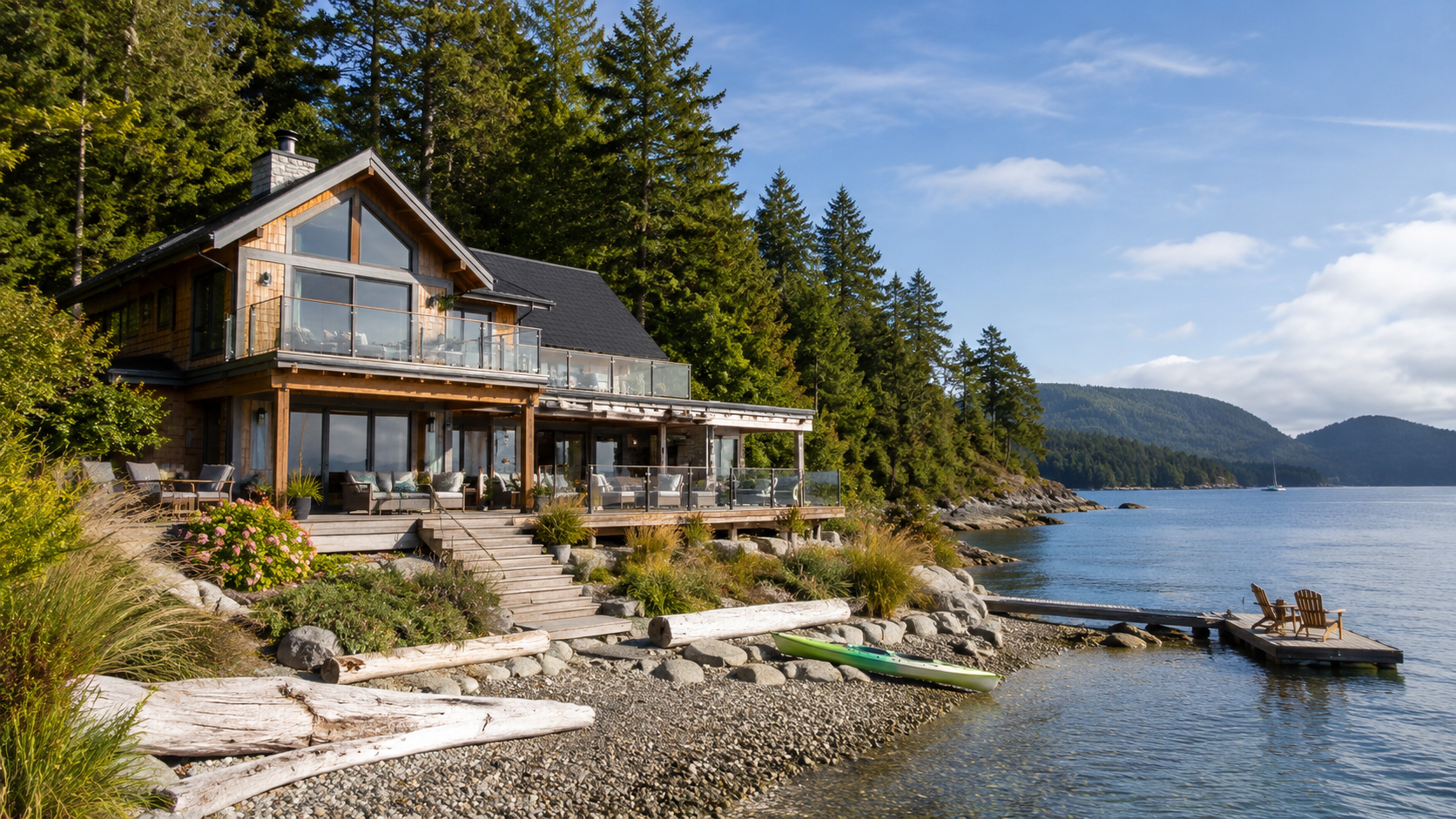 A Sunshine Coast waterfront home surrounded by forest, gardens, and calm water
