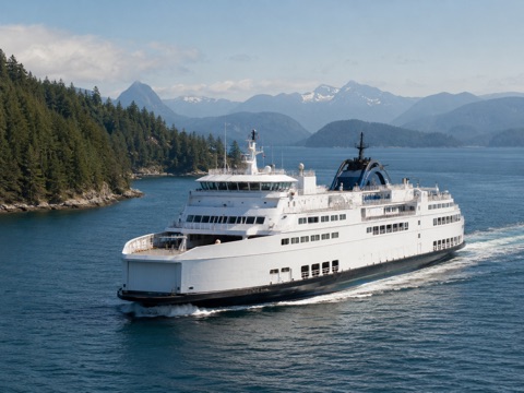 A BC ferry travelling through coastal water with forested shoreline and mountains behind it