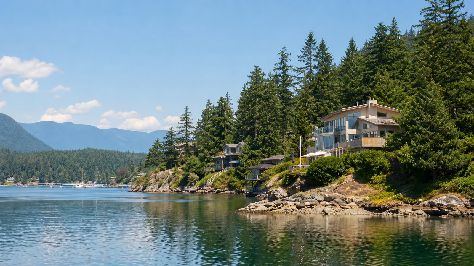 A calm Sunshine Coast waterfront with forested hills, homes, and summer water views