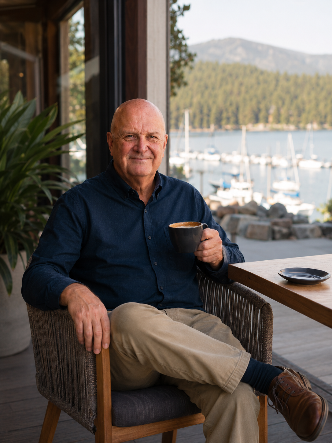 Bob Michor seated with coffee by the Sunshine Coast waterfront