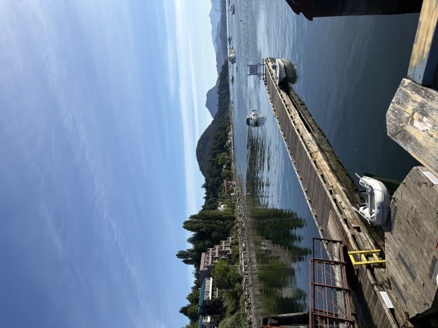 Gibsons harbour dock, calm water, boats, and mountain views